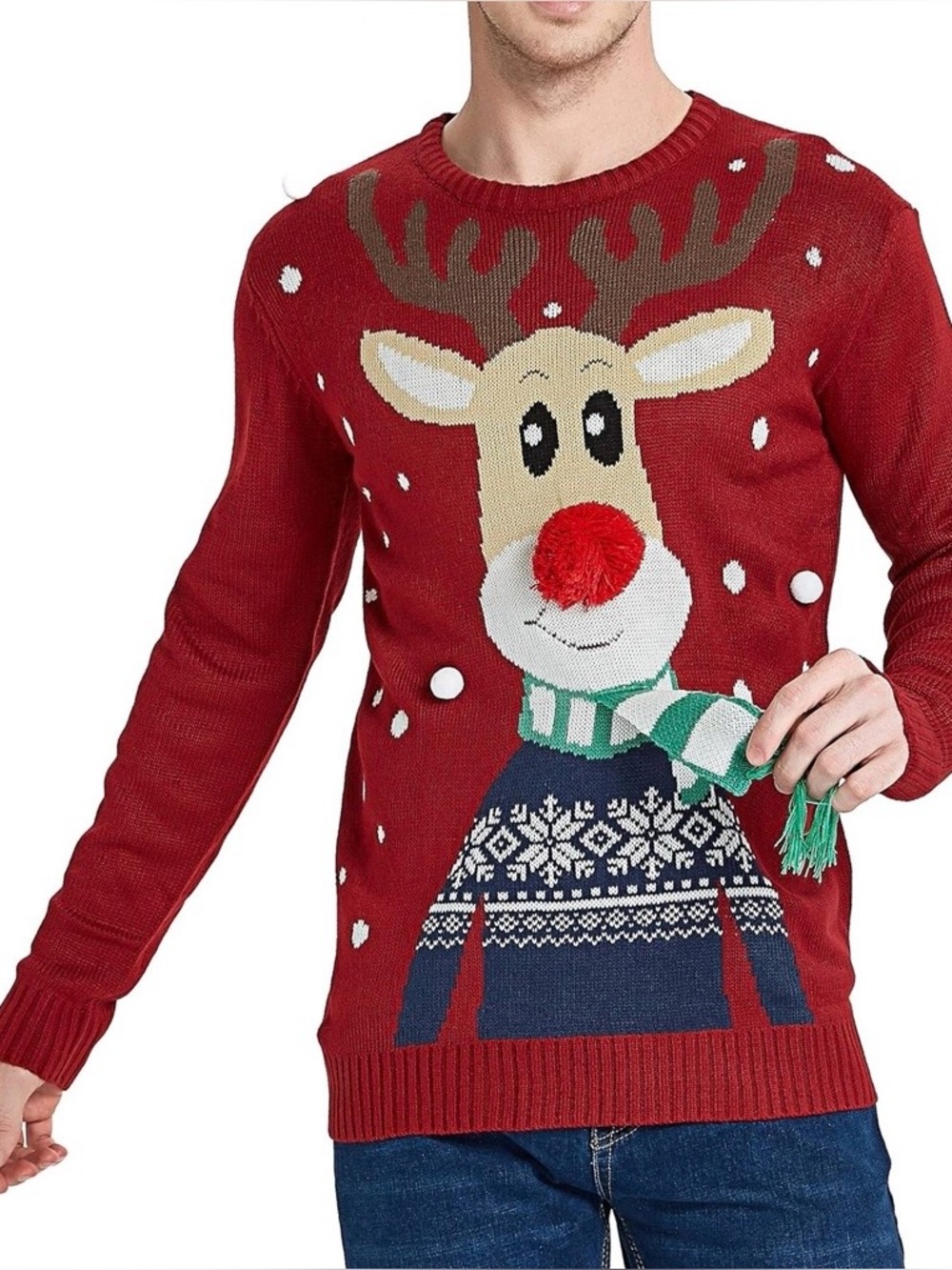Ugly Christmas Sweater Reindeer with Pom Pom Nose - Men’s Large